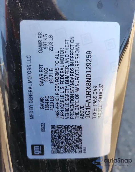 2022 Chevrolet Camaro Ls из США, поврежденный, VIN 1G1FA1RX8N0129259